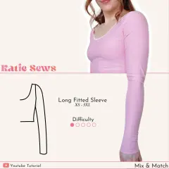A pink long sleeve shirt pattern is shown, with text indicating "Long Fitted Sleeve" in sizes XS-5XL and difficulty level.