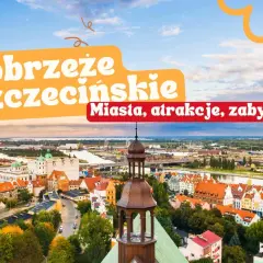 Widok na Szczecin z lotu ptaka, z widocznymi zabytkami, rzeką i portem.
