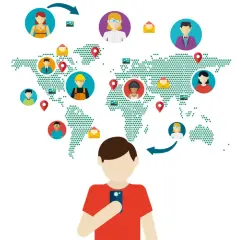 Globalny **network** ludzi połączonych przez smartfon. Ikony osób i kopert na mapie świata symbolizują komunikację.