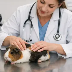 Vétérinaire examinant un cochon d'Inde, peut-être pour un cas de constipation. Le rongeur est sur une table métallique.