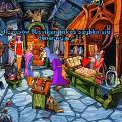 Postacie z gry przygodowej po polsku w tajemniczej pracowni alchemika.