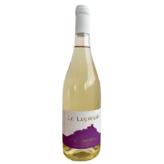Butelka wina Le Lupinaie Vermentino, z etykietą przedstawiającą fioletowy zamek.