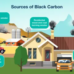 Diversas fuentes emiten humo negro, incluyendo incendios forestales, quema de leña y carbón en hogares, quema de desechos agrícolas, plantas de energía de carbón y emisiones de vehículos.