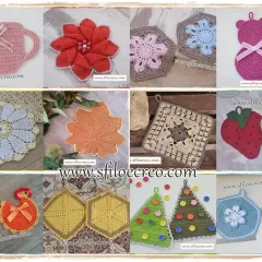 Presine uncinetto schemi facili e veloci: tazza, fiore rosso, orsetto, fragole, galline, alberi di Natale e altro ancora.