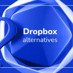 A large blue question mark hovers over a stylized, abstract blue shape. Text reads "Dropbox alternatives.