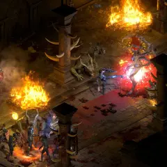 Wojownicy walczą z potworami w płomieniach i mroku, to scena z diablo 2 resurrected patch.