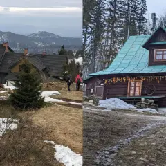 Dwie chatki górskie, jedna z widokiem na góry, druga z ozdobami. Wielka racza szlaki wiodą do schronisk.