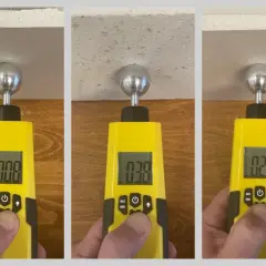 Drei Messungen mit einem Feuchtigkeitsmesser zeigen unterschiedliche Werte (0.08, 0.38, 0.22). So ermitteln Sie, wie feucht eine Wand sein darf.