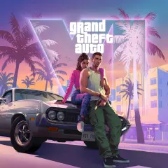 Para GTA 6 wymagania, para siedzi na samochodzie na tle palem i neonów.