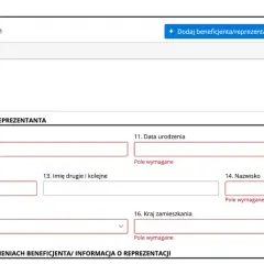 Formularz do wprowadzania danych beneficjenta rzeczywistego, widoczne pola PESEL, imię, nazwisko, data urodzenia. Centralny rejestr beneficjentów rzeczywistych.