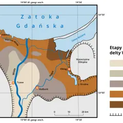 Mapa przedstawia etapy narastania delty Wisły, ukazując atrakcje Żuław Wiślanych i ich ewolucję na przestrzeni tysięcy lat.