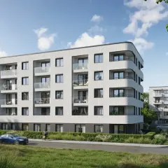 Nowoczesne bloki mieszkalne z balkonami, otoczone zielenią. Pewność zakupu dzięki gwarancji rękojmi.
