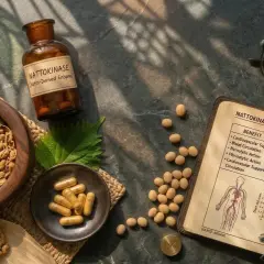 Nattokinase a cosa serve? Soia, capsule e un libro che illustra i benefici per la circolazione sanguigna.