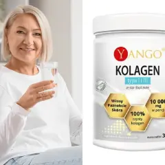 Uśmiechnięta kobieta z wodą w ręku obok opakowania Yango Kolagen na skórę, włosy i paznokcie.