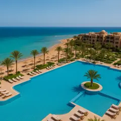 Luksusowy hotel z basenem i plażą w Port Ghalib. Palmy, leżaki i turkusowe morze tworzą rajski widok.