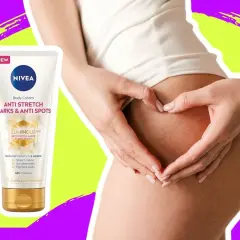 Krem Nivea Anti Stretch Marks & Anti Spots, który pomaga zredukować widoczność rozstępów.