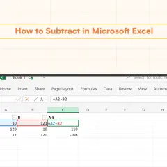Arkusz kalkulacyjny Excel pokazuje, jak wykonać odejmowanie w Excelu, używając formuły `=A2-B2`.