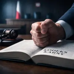 Zaciśnięta pięść na Kodeksie Karnym. Groźby karalne jakie wyroki? Sądowa sala, młotek sędziowski.
