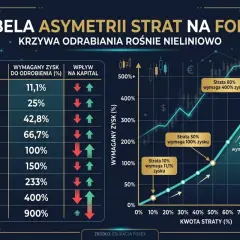Tabela pokazuje, jak straty na forex wpływają na wymagany zysk do odrobienia. Kluczowe dla forex dla początkujących: 10% straty wymaga 11,1% zysku, 50% straty wymaga 100% zysku.