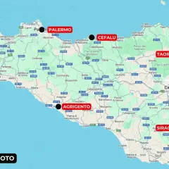 Mappa della Sicilia con itinerari per moto. Dove dormire tra Palermo, Cefalù, Taormina, Agrigento e Siracusa.