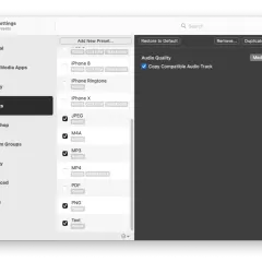 Macintosh settings showing presets, with MP3 audio selected and audio quality set to medium.