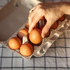 Dłoń wybiera jajko z wytłaczanki na kratkowanym obrusie.