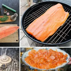 Collage de saumon cru, fumoir, fumée et saumon fumé tranché.