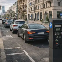Miejski parking z parkomatem, gdzie można zapłacić za postój, np. za euro 6. Samochody stoją w kolejce.