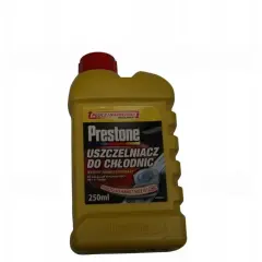 Żółta butelka Prestone uszczelniacz do chłodnic 250ml. Produkt do układów o pojemności do 14 litrów, uszczelnia nawet duże wycieki.