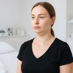Kobieta z podwójnym podbródkiem, rozważająca zabieg lipolizy podbródka. W tle gabinet medycyny estetycznej.