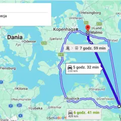 Trasa promowa ze Świnoujścia do Malmo, Szwecja. Widoczne opcje podróży samochodem i promem.