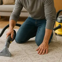 Mann kniet auf hellem Teppich und reinigt ihn mit einem Nass-/Trockensauger. Die Methode teppich trocken reinigen wird angewendet.