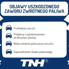 Objawy uszkodzonego zaworu zwrotnego paliwa: trudniejszy rozruch, problemy z odpalaniem po postoju, niskie ciśnienie paliwa.