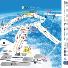 Mapa tras narciarskich Jaworzyny Krynickiej. Widoczne wyciągi, trasy o różnym stopniu trudności, parkingi i obiekty.