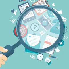 Lupa powiększa ikony symbolizujące wyszukiwanie informacji, analizę danych i komunikację, jak w najpopularniejsze wyszukiwarki internetowe.