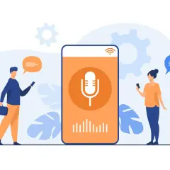 Un hombre y una mujer interactúan con un teléfono que muestra un micrófono, como si usaran un asistente voz para comunicarse.
