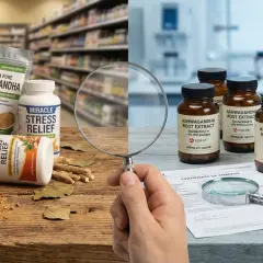 Des flacons d'ashwagandha, certains en poudre, d'autres en gélules, sont examinés sous une loupe. Les bienfaits de l'ashwagandha pour le stress sont mis en avant.