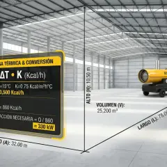 Cálculo de carga térmica para un almacén con un calentador Equisol. Se muestra la fórmula y las dimensiones del espacio, indicando una potencia térmica necesaria de 330 kW.