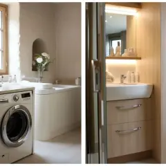 Une machine à laver dans une salle de bain moderne, à côté d'un lavabo et d'une baignoire. Une autre machine à laver est empilée sur une sécheuse.