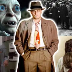 Collage av filmscener: Gollum, Leonardo DiCaprio som detektiv, en flicka i röd kappa under andra världskriget, och en familj. Dessa är exempel på verklighetsbaserade filmer.