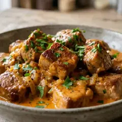 Un délicieux saute de porc en sauce crémeuse, garni de persil frais.