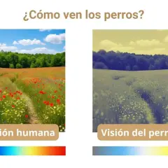 Comparación de la visión humana y canina. La imagen muestra un campo de flores visto por humanos con colores vibrantes y por perros con tonos más apagados, como ven los perros.