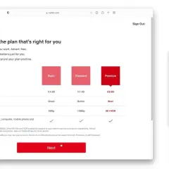 Wybór planu Netflix: Basic, Standard, Premium. Obok okno VPN z połączeniem do Ukrainy.