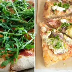 Domowa pizza z rukolą i kawałkami z cukinią, szynką i cebulą. Idealna na rodzinny obiad.