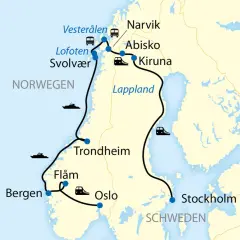 Mapa Norwegii i Szwecji z zaznaczoną trasą podróży przez Laponie, z symbolami pociągów, autobusów i statków.