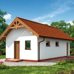 Biały budynek gospodarczy z czerwonym dachem, otoczony zielenią i kwitnącymi kwiatami.