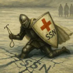 Cavaliere in armatura con scudo SSN e stetoscopio, simbolo della medicina difensiva. Tre figure sfocate sullo sfondo.