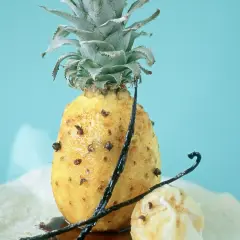 Un ananas rôti, parsemé de clous de girofle et de gousses de vanille, sur un fond bleu pâle. Un délice sucré et épicé.