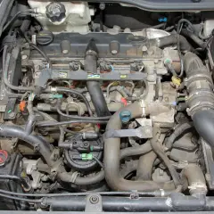 Silnik Peugeot Boxer 2.0 HDI, widok z góry. Widać przewody, wtryskiwacze i elementy układu dolotowego.