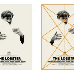 Two examples of movie posters for "The Lobster," one with graphic design guides, featuring Colin Farrell's face and hands.